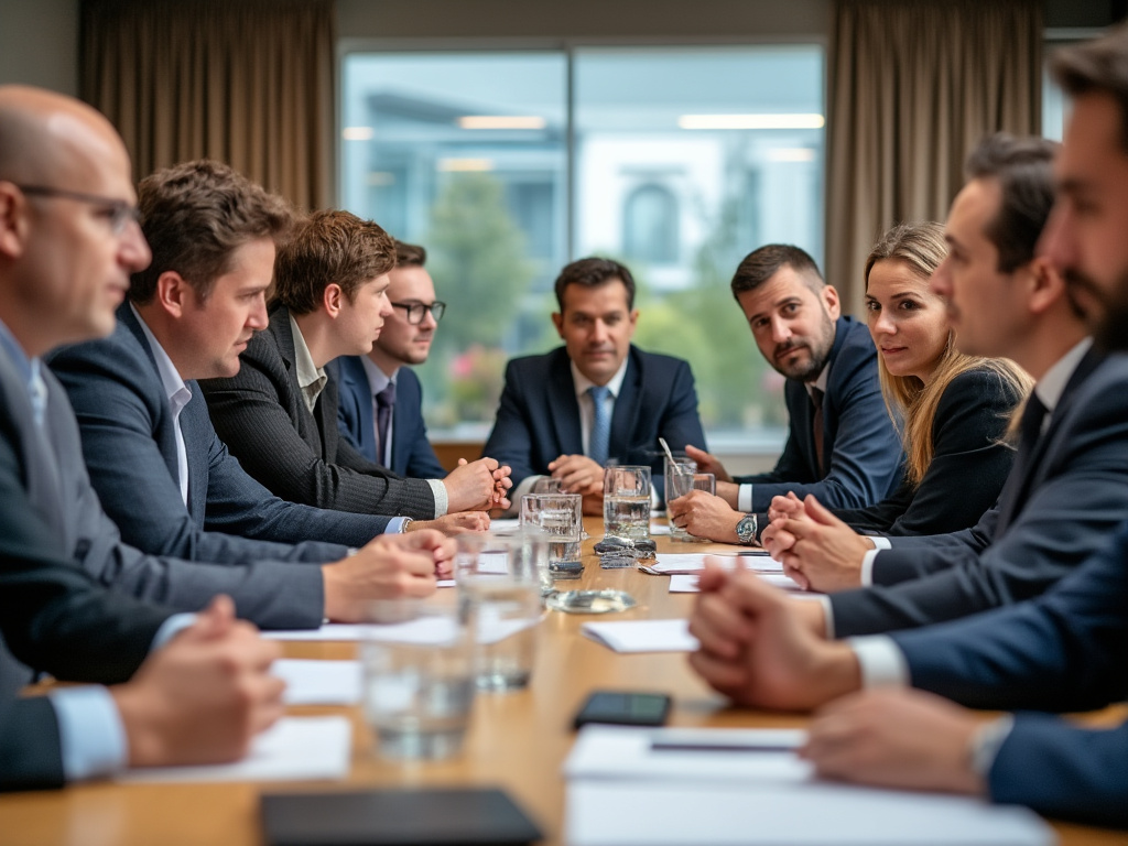 a somewhat blurry photo of a group of men and women arranged at a big table in a panel