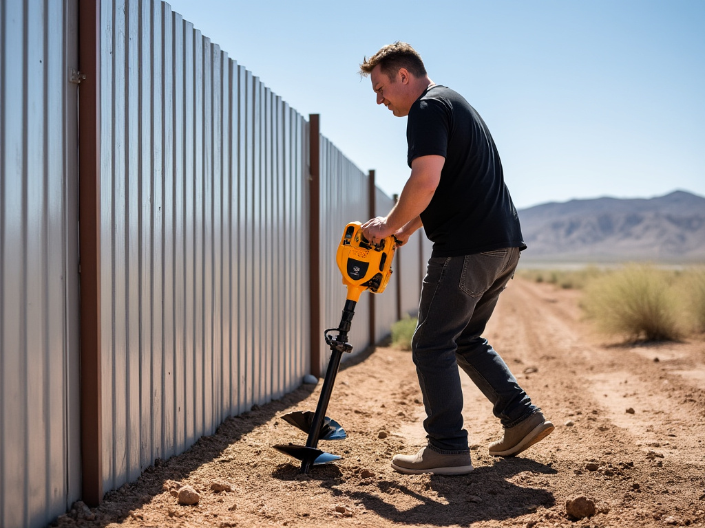 a photo of Elon Musk using a post digger to construct a fence with steel panels in the desert
