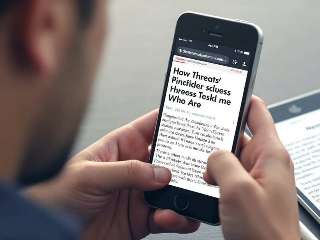 a man reading an article titled "How Threads And Pinterest Guess Who You Are" on his phone with a tablet on the table