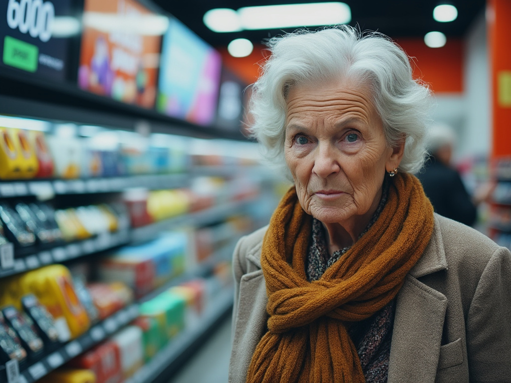 a photo of an angry grandmother walking into a phone store