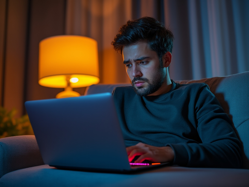 a photo of an upset young man on his couch as his router lights come back on