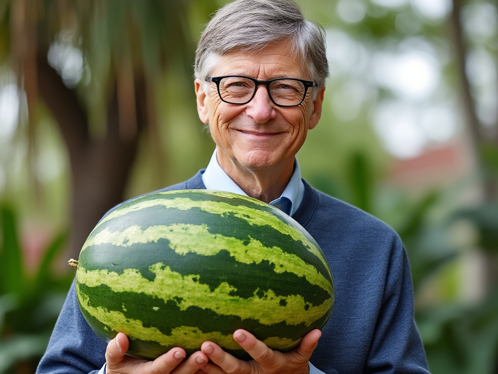 a picture of Bill Gates holding a watermelon