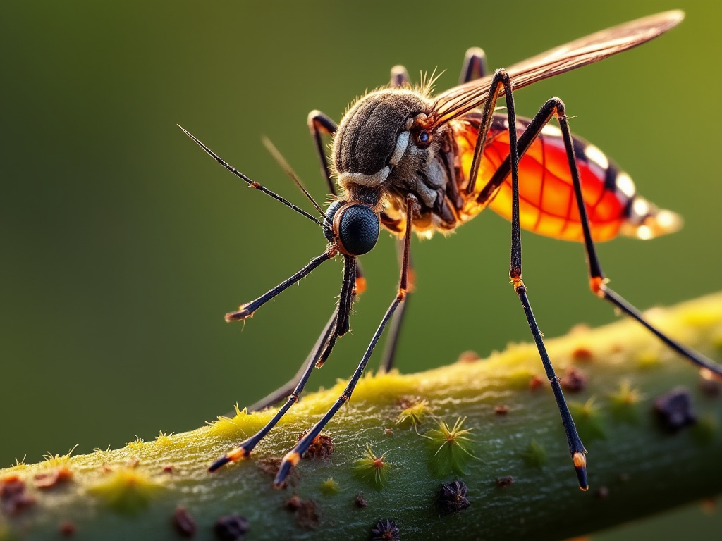 a photo-realistic close-up of a mosquito in the wild with notes detailing various words in French the mosquito is supposedly speaking