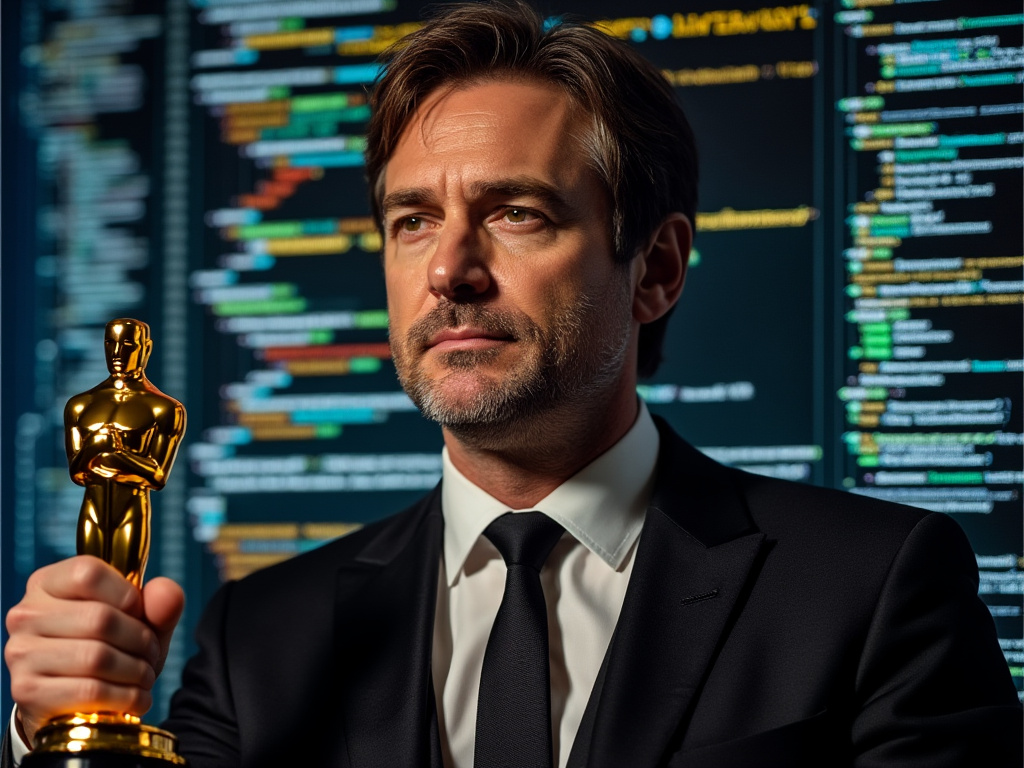 a photo of Christopher Nolan holding an Oscar award next to a computer screen with code on it