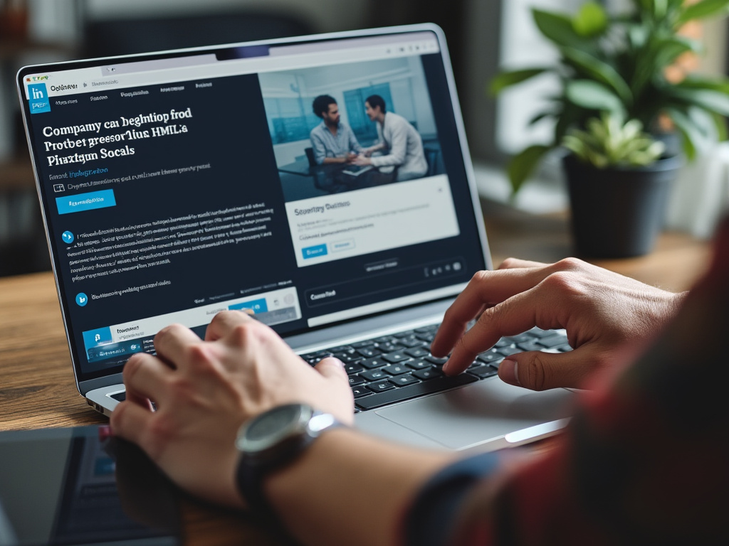 a photo showing a man on his laptop sighing. there's a LinkedIn page open in the foreground showing a company description for a company named "Brandstraw"
