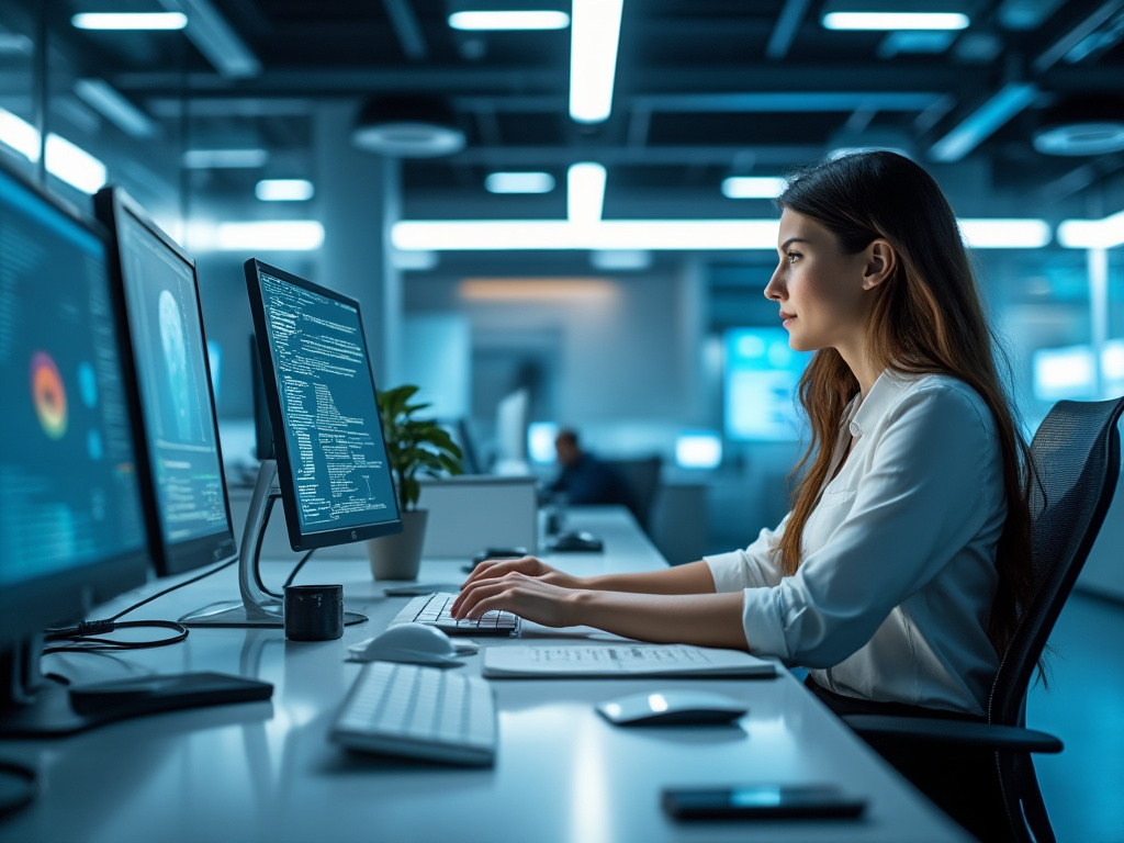 a photo of a woman working in a futuristic office