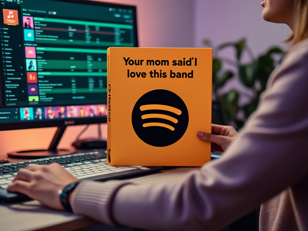 a picture of someone on a computer with Spotify with a box stating that your mom said you'd love this band