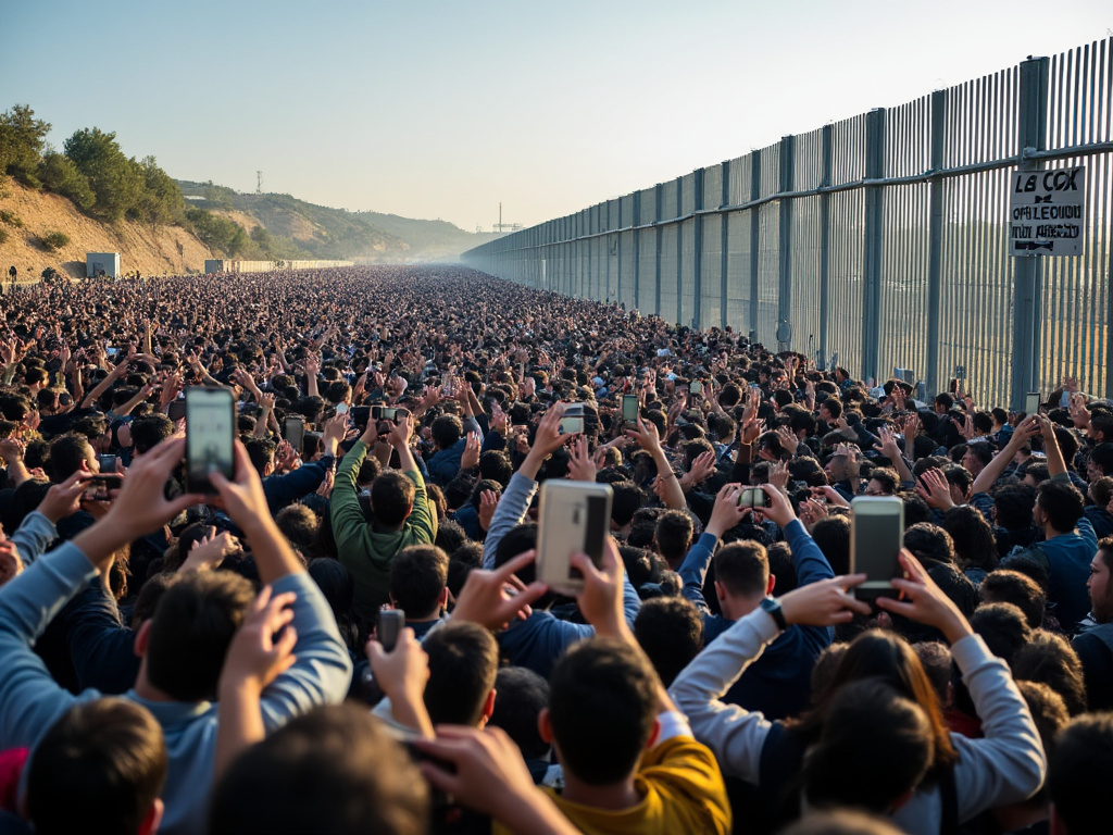 a large mass of people pressing through a border fence with Spain