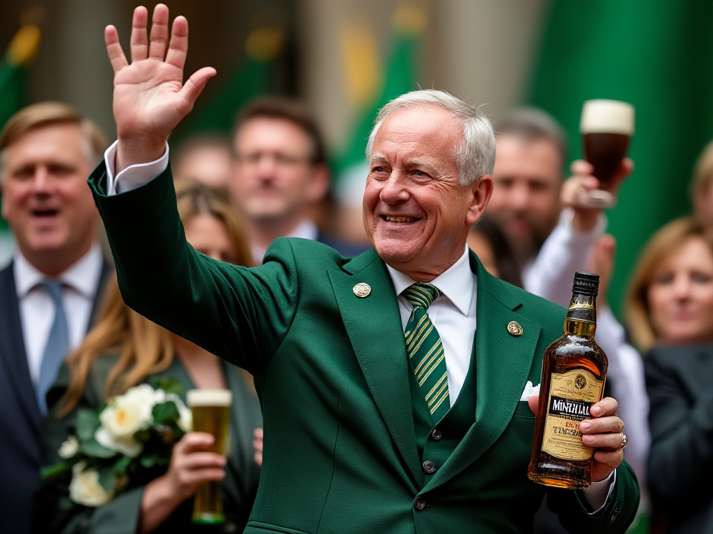 the Irish president waving while holding up gifts of Guinness and whiskey on a stage