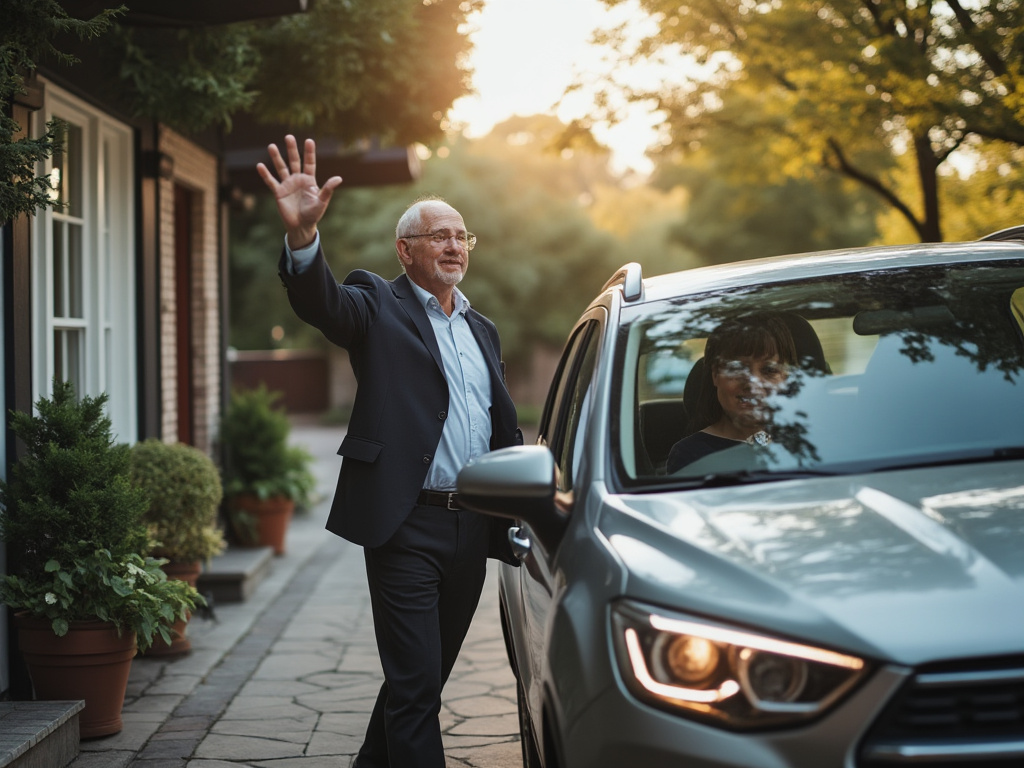 a nostalgic father in business casual standing on his front step waving goodbye to his grown son in business casual driving away in a car