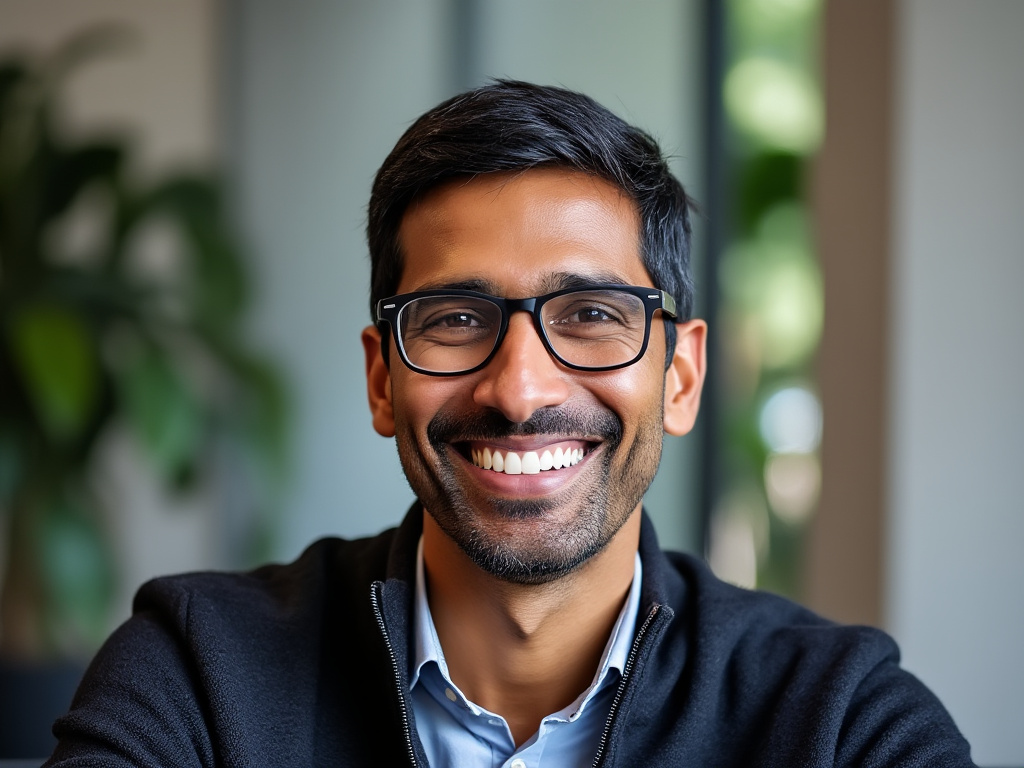 a photograph of tech CEO Sundar Pichai smiling