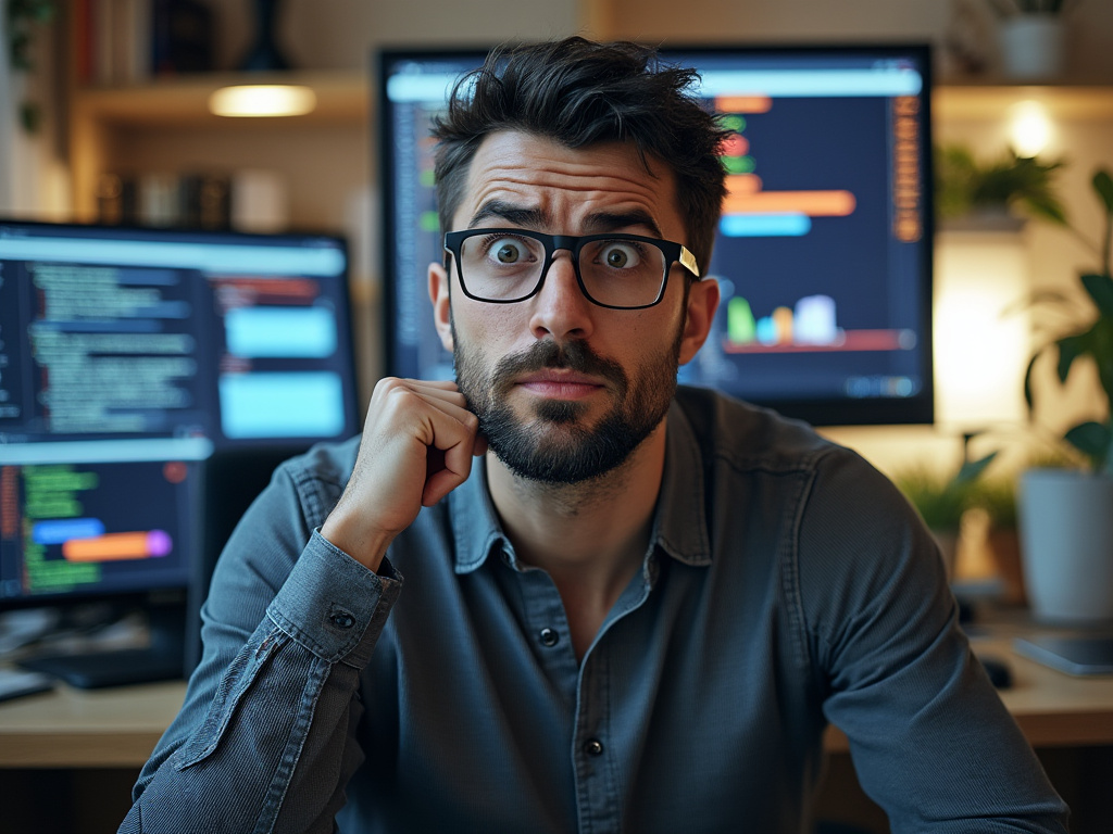an image of a perplexed man in front of a computer monitor depicting some sort of AI-generated comedic content