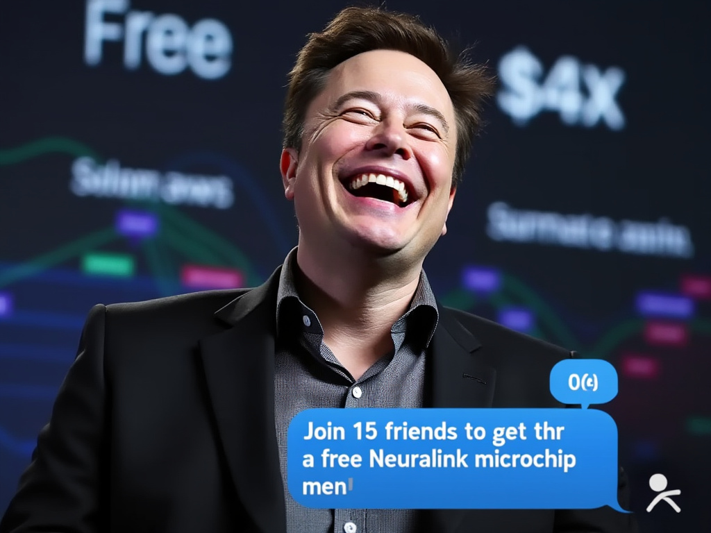 a photo of Elon Musk laughing with text saying Join 15 friends to get a free Neuralink microchip