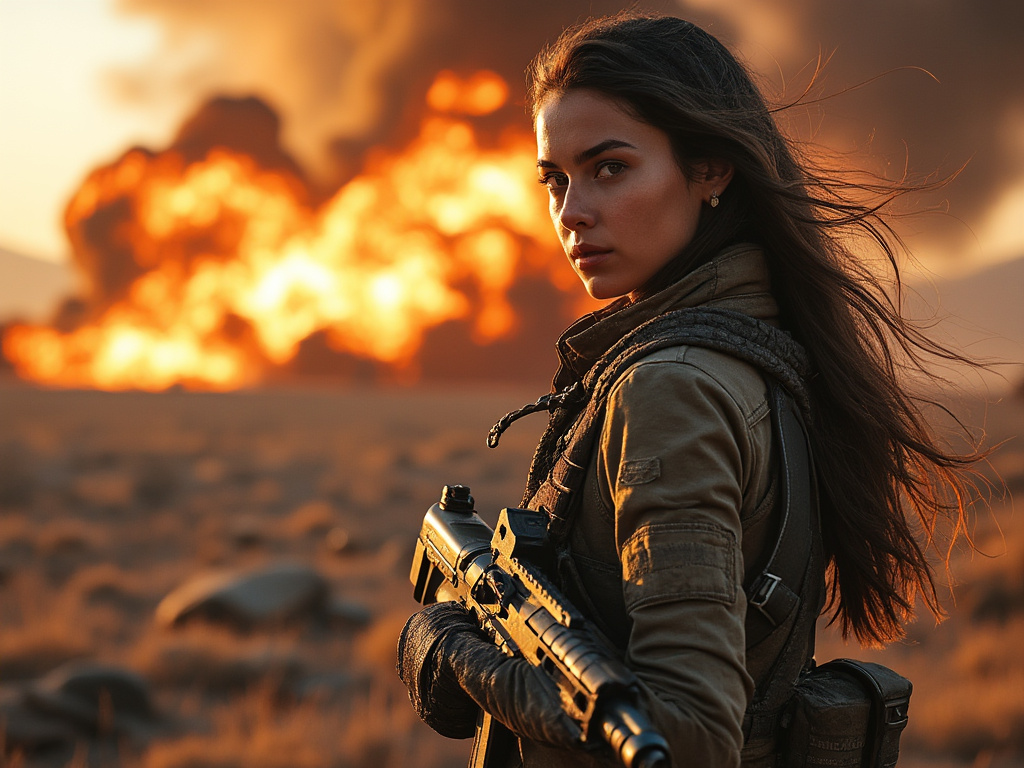 a photo of AOC with an explosion in the background