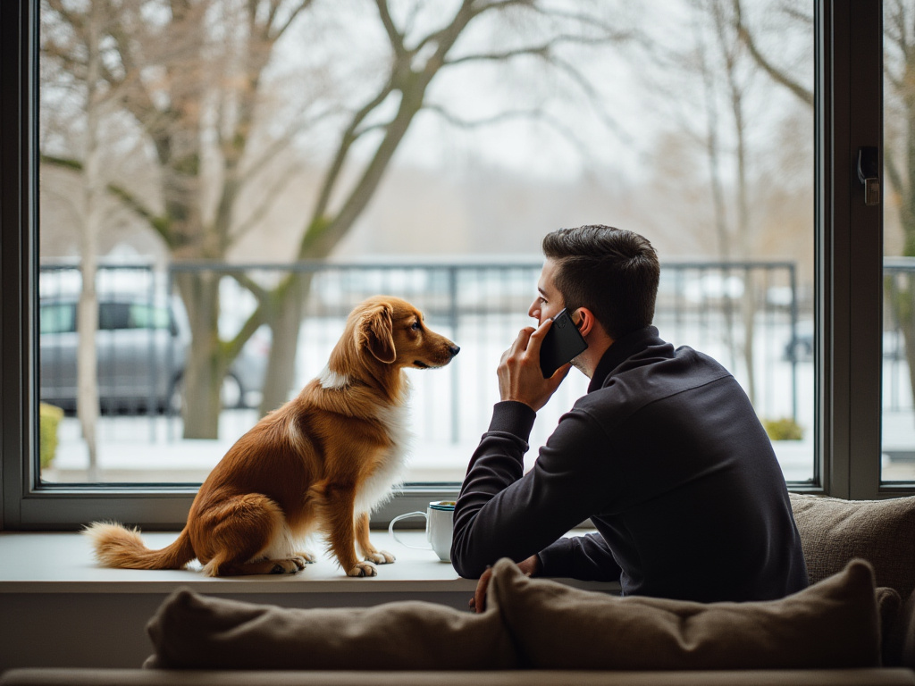 a photo of a man looking out the window on the phone with his dog next to him