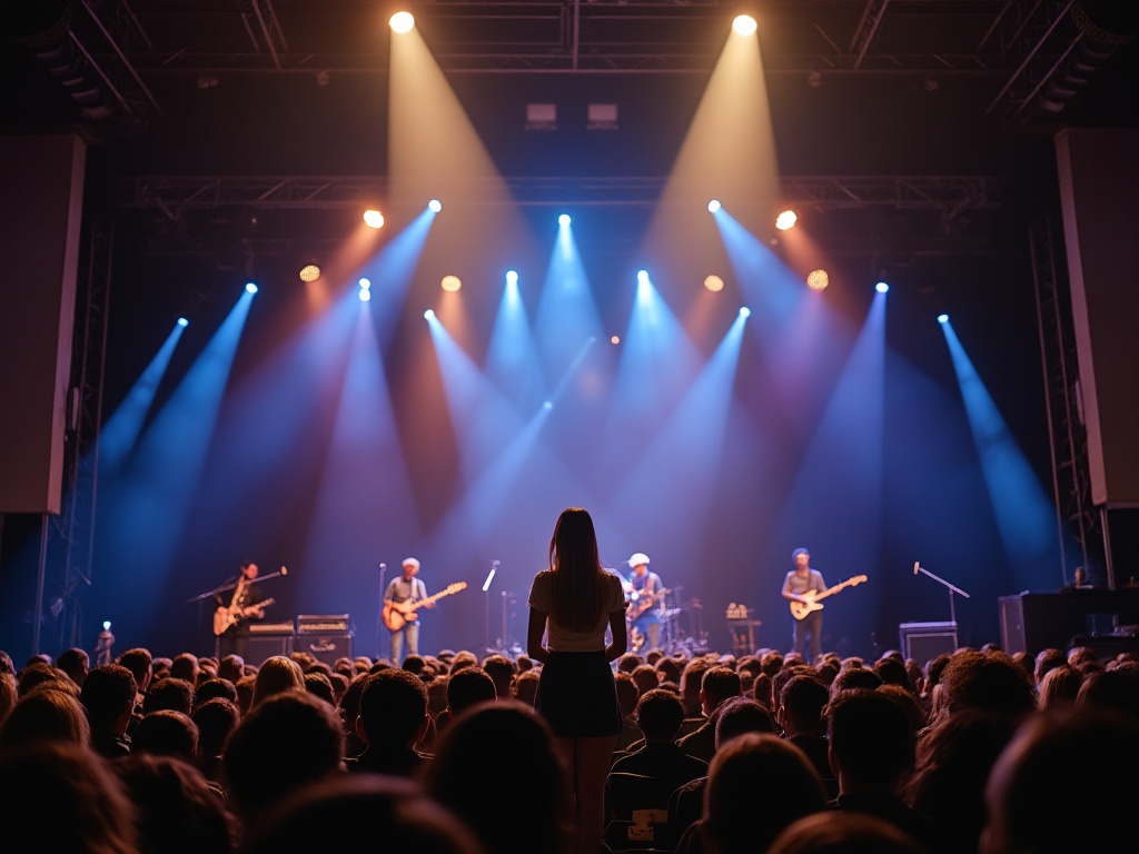 a news image of a woman standing at a concert with Google Assistant projected above her