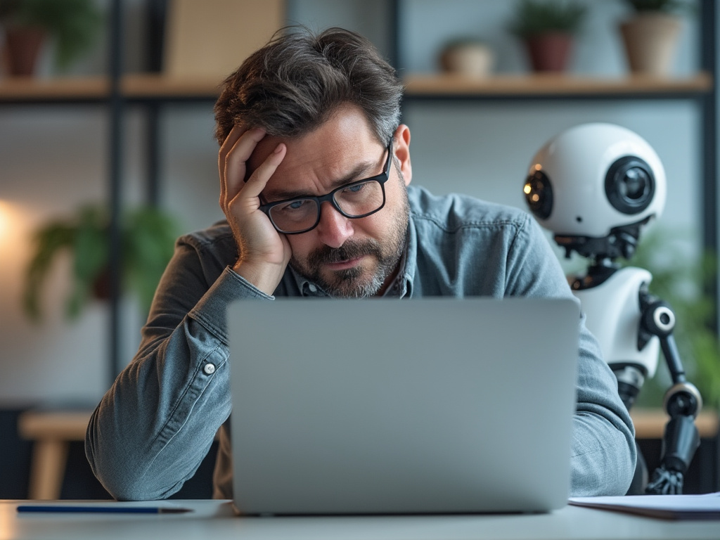 a picture of a worried man taking a break from his laptop while a robot sits in the background