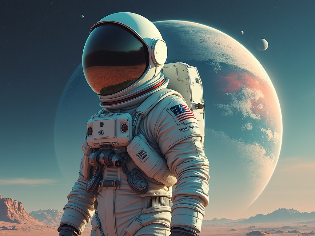 a space suit with a planetoid behind it