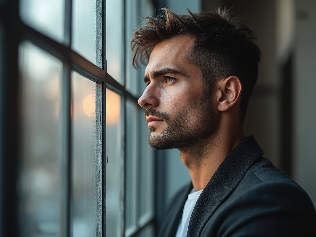 a man staring outside quietly while looking contemplative