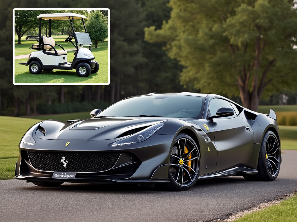 a Ferrari sports car with a picture of a country club golf cart inset