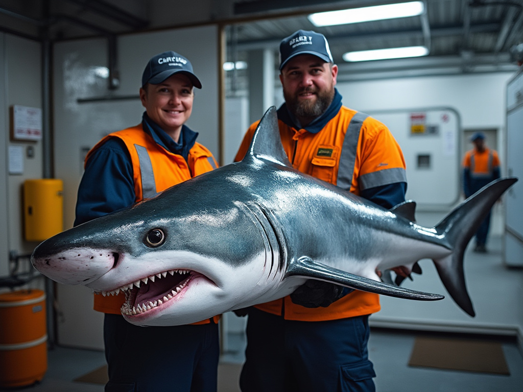 two agents holding a large dead shark