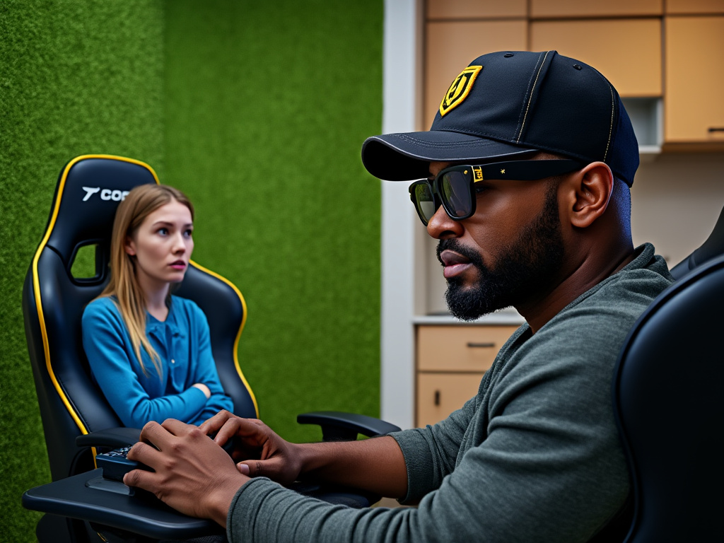 a photo of a man with a hat, gaming chair, and fuzzy green wall in the background, and a woman looking desperately in a kitchen