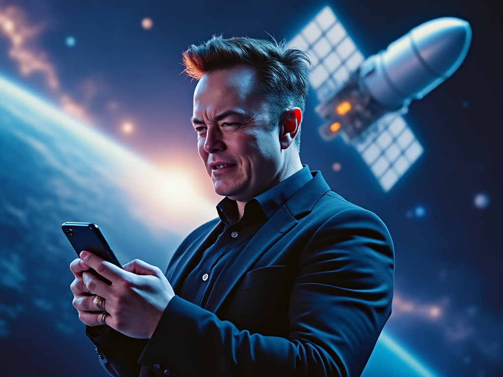 a photo of an angry woman holding a phone to show elon musk with a starlink satellite in the background