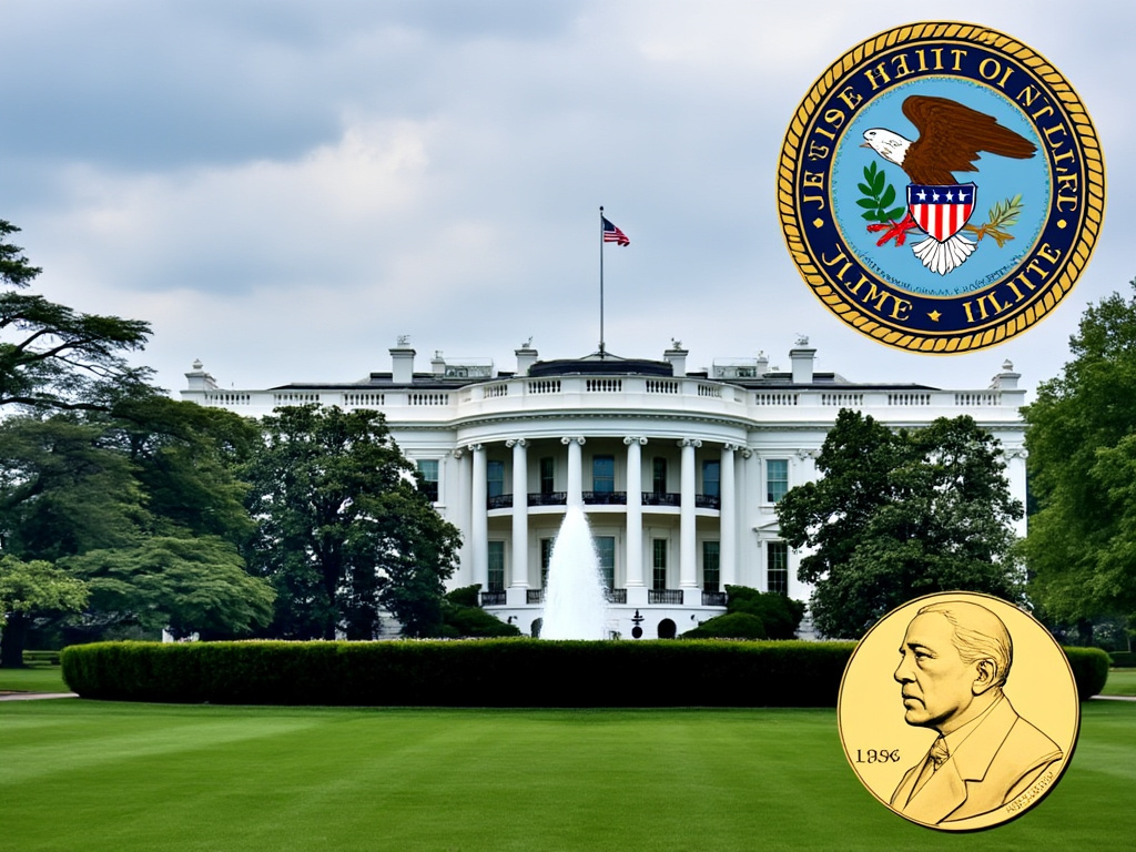 a stock photo of the White House with the Justice Department logo in the top left and a Nobel Peace Prize in the bottom right