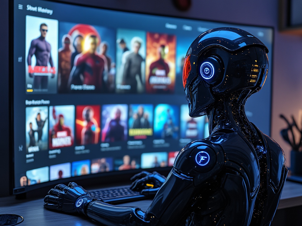 a techy digital person staring at a screen that has Marvel movies on it