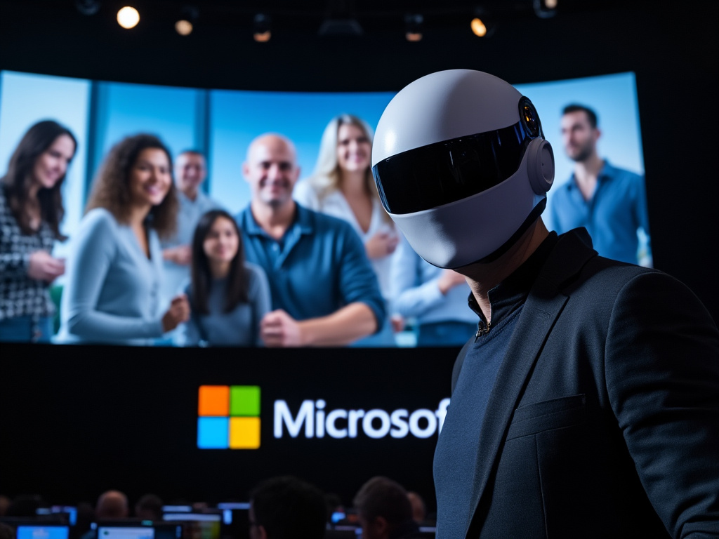Microsoft CEO Satya Nadella standing in front of a screen of people in a dark room wearing a futuristic helmet with a white Microsoft logo at the bottom right