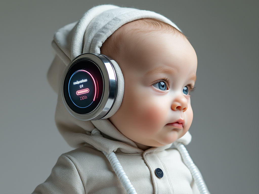 a hi-tech image of a baby with a lipstick tube looking device near its head