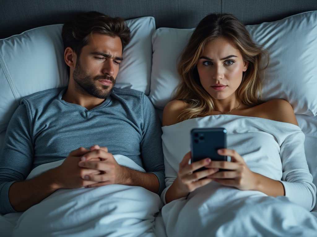 a photo of a man laying in bed looking nervous and a woman next to him sitting up in bed reading her phone with a bewildered look