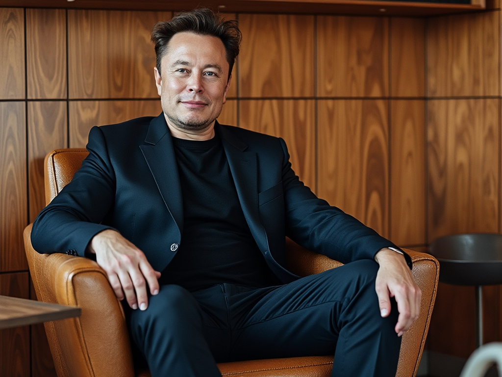 a photo of Elon Musk sitting on beef wood paneling interior