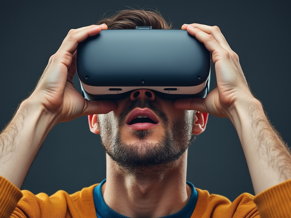 a photo of a man wearing a virtual reality headset and having his mind blown