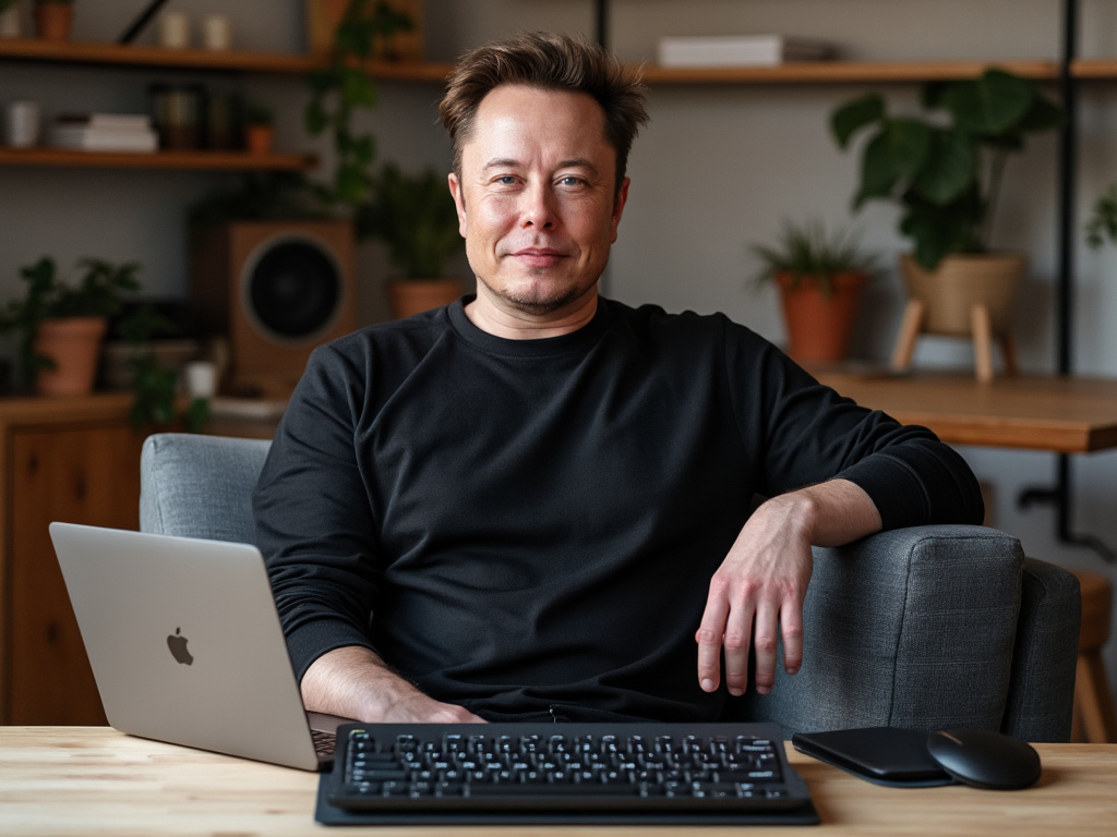 Elon Musk sitting with a laptop with a Nuio keyboard hooked up