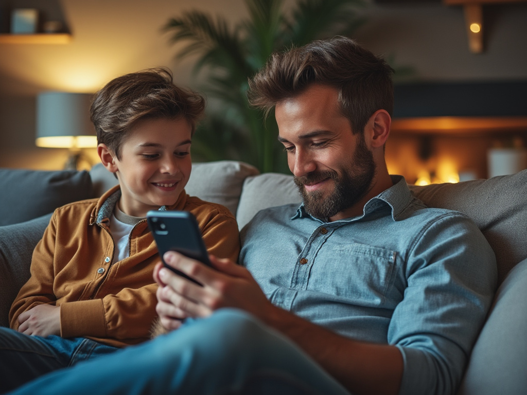 a dad looking at his son's text messages on the couch