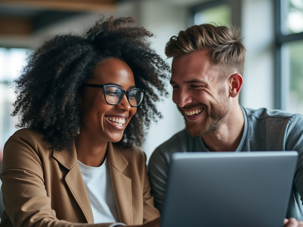 An African American female and Caucasian male coworkers laugh while looking at a computer.