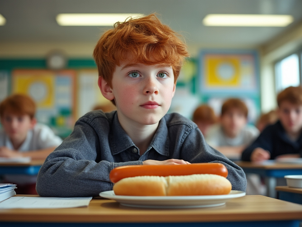 a photo of a redheaded boy in school being asked about a plain hotdog that has been digitally altered to look grainy