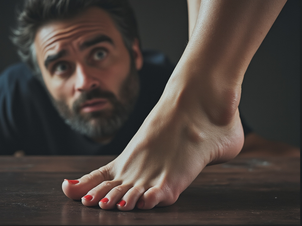 a man looking down at a woman's foot in disgust