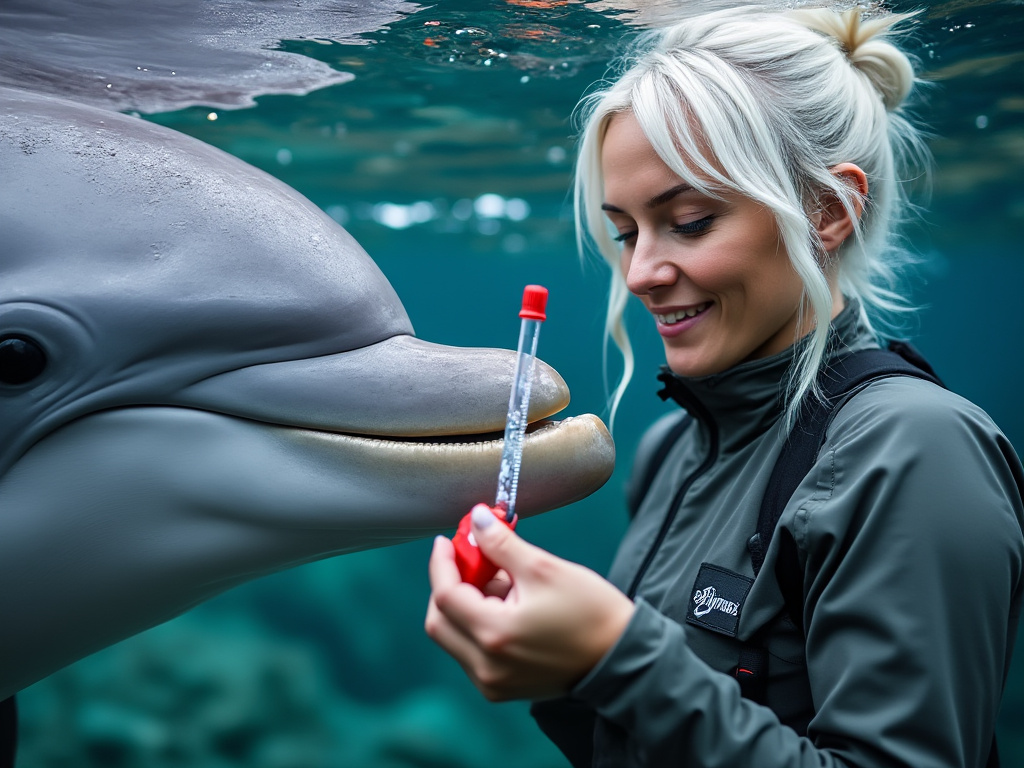 a woman with white hair and a gray dolphin. She is holding a small tube and collecting samples from its blowhole. There is a red button sensor over half of the image capturing the shapes of plastic particles down to the microscopic