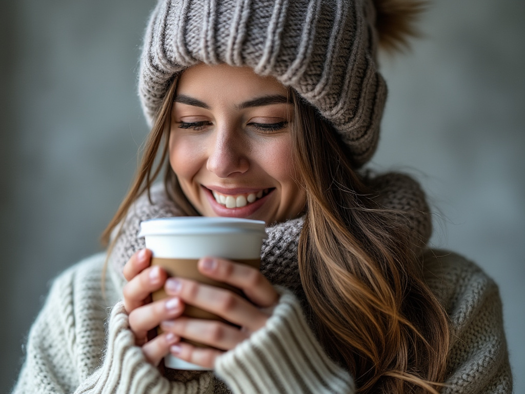 a picture of a shivering woman with a hot drink and a sweater cardigan
