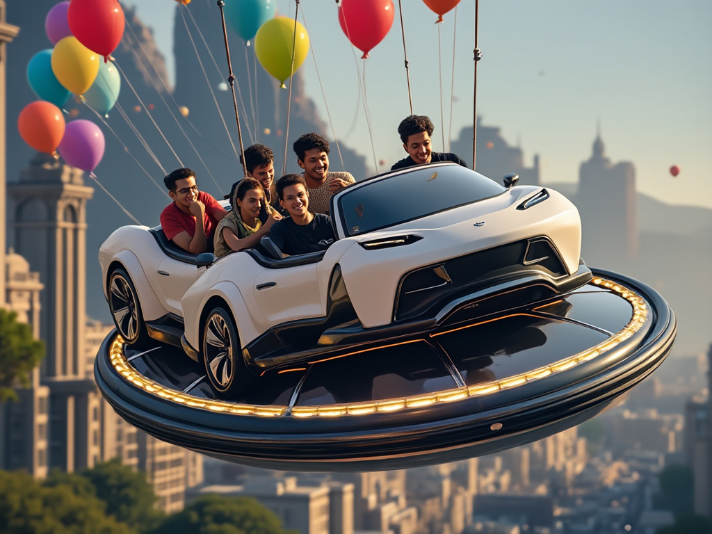 Uber app shows a warning button with the orbit of a floating rollercoaster-looking arrangement with their destination floating above it suspended by a balloon