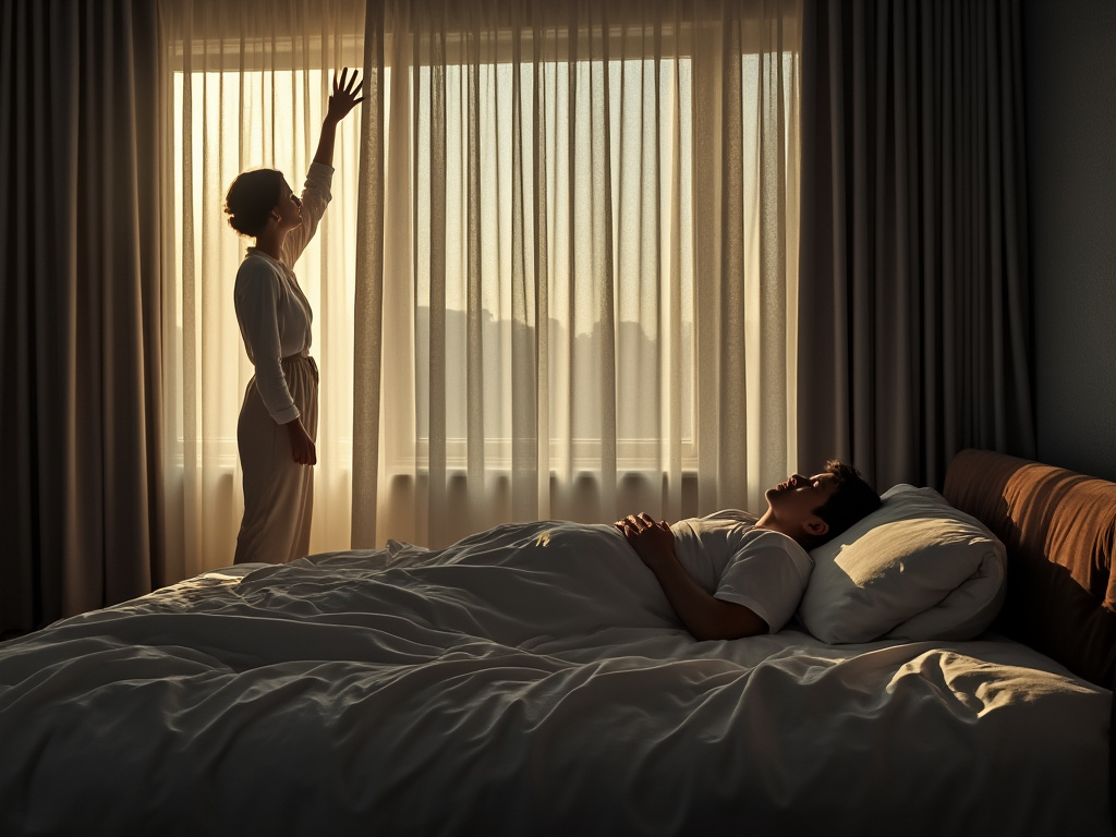 a photo of a woman conjuring the power of daylight through dense blackout curtains while a man peacefully sleeps nearby