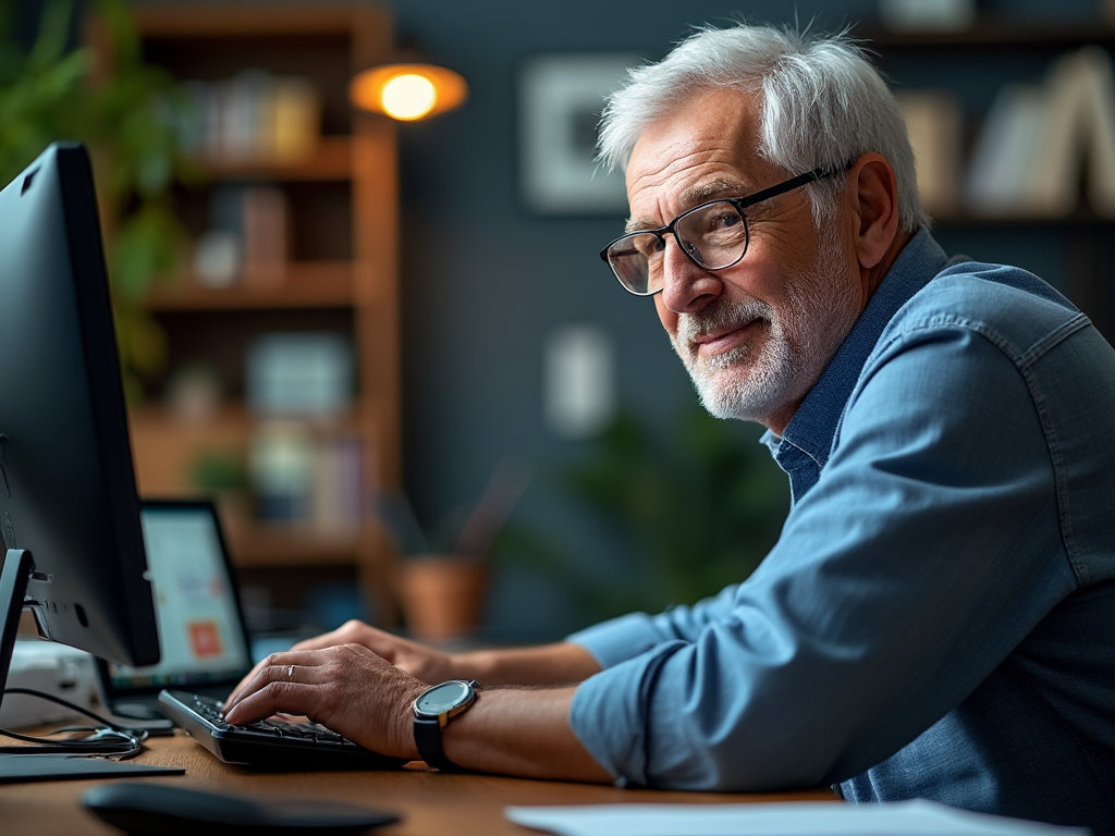 a photo of an older gentleman sitting in front of a computer
