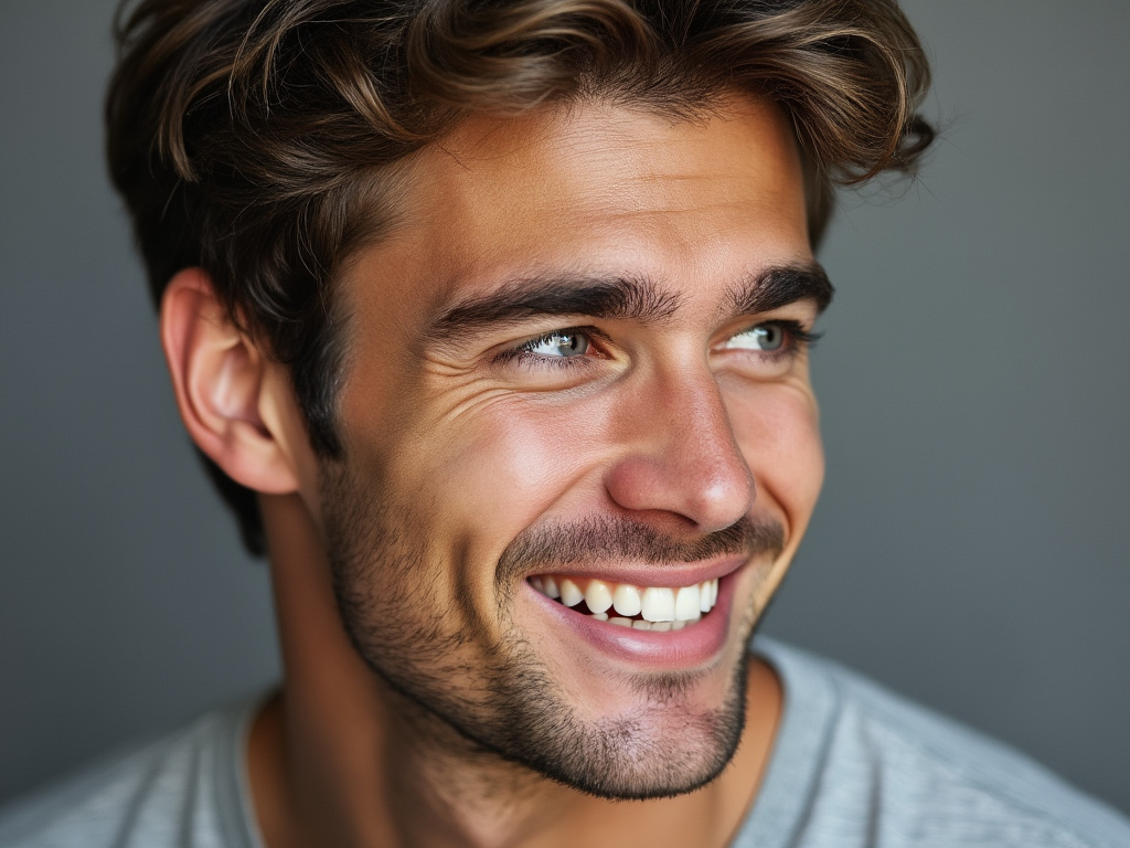 a close up photo of the face of a smiling young white man staring slightly to the left