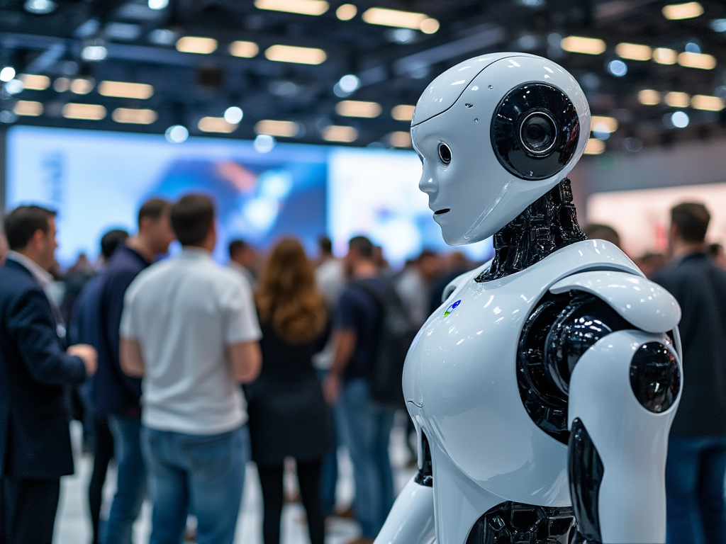 a group of people at a tech convention looking at an AI robot