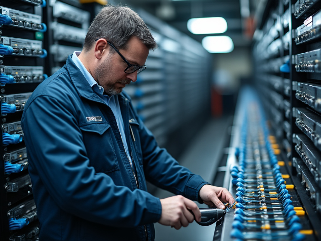 a photo of a jittery man standing over a technician who is pulling out a plug, with thousands of identical plugs behind him