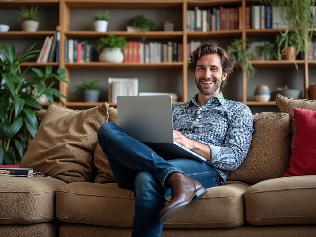 a picture of a british teacher sitting on a couch