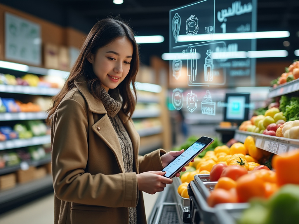a photo of a beautiful young woman wearing a coat as she prepares groceries for checkout with the overlay of technology scanning her identity