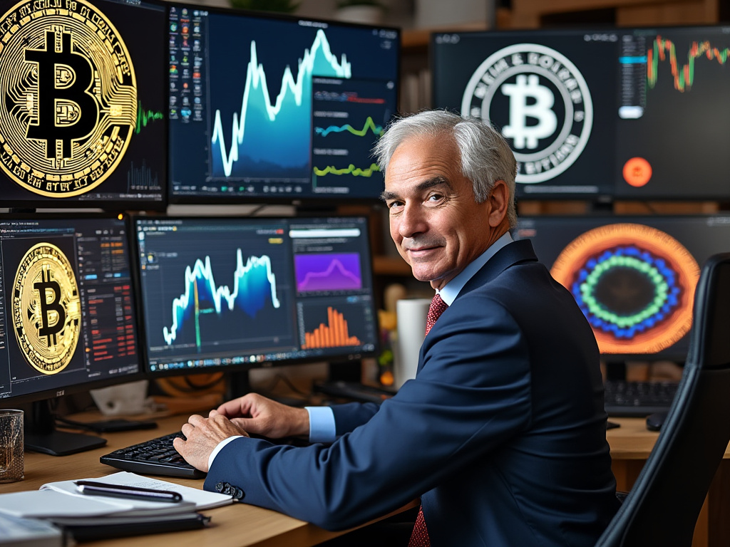 Ron Paul at a work desk with photoshop of Bitcoin logos and other graphics